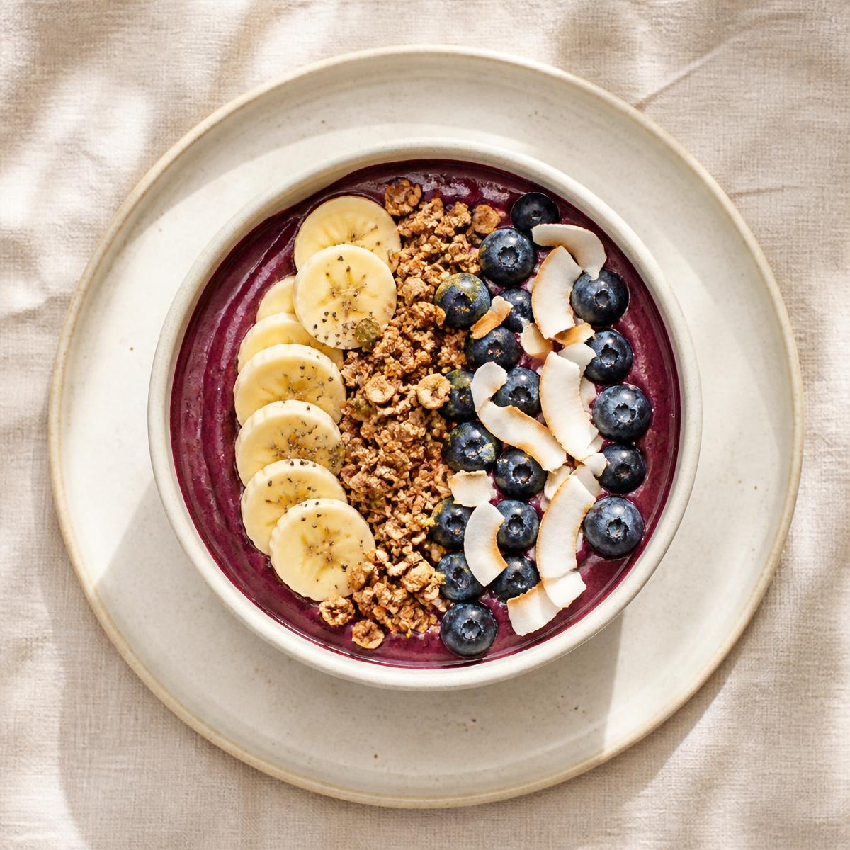 Açaí bowl with granola, banana, blueberries and coconut