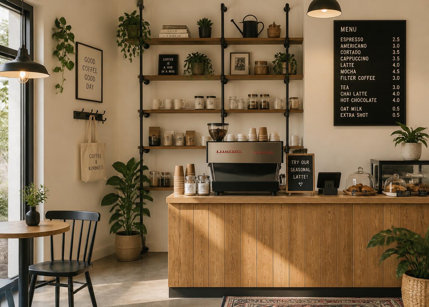 Bright modern café interior with wooden counter and plants